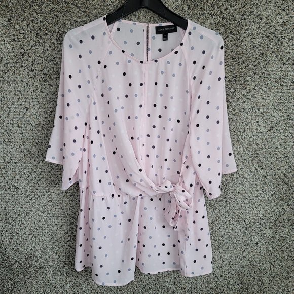 Lane Bryant Tops - Lane Bryant Top Womens Plus 16 Pink Polka Dot Blouse Keyhole Button Waist Tie